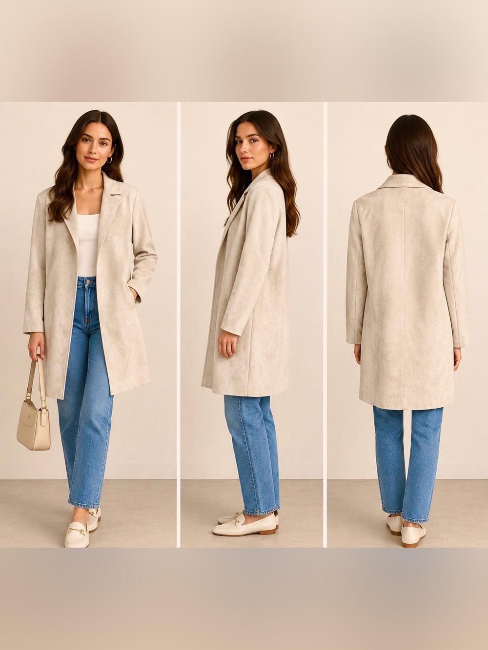 Zara Light Beige Soft Faux Suede Open Front Trench Coat